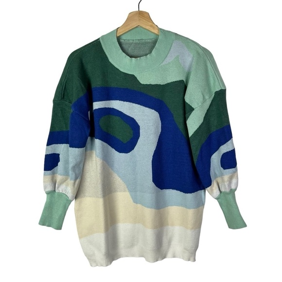 Boutique Blue & Green Swirl Print Crewneck Sweater M - Picture 2 of 4